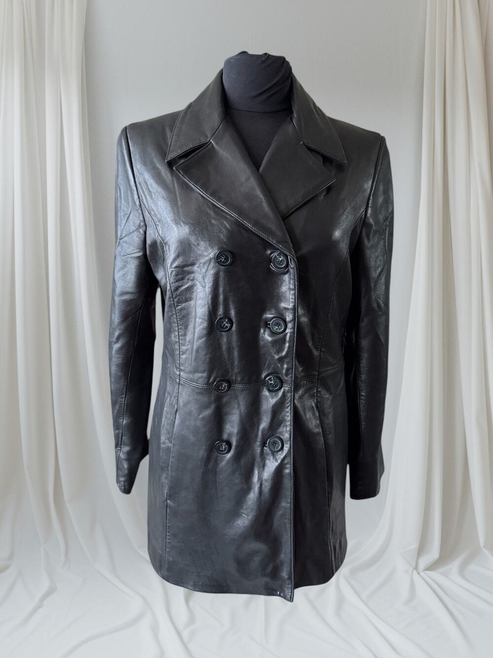 Black Leather Women's Y2K Vintage Trench, Size S